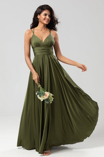 Grand Beauty A Line Spaghetti Straps Vestido de dama de honor largo verde oliva con volantes